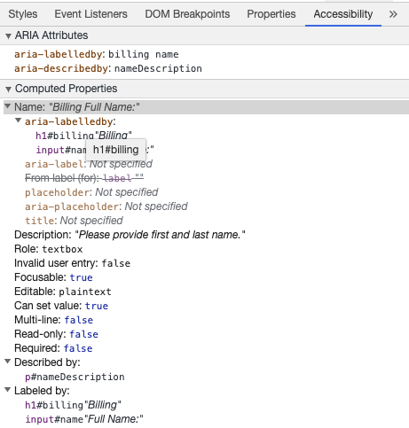 Chrome Developer Tools showing input accessible name from aria-labelledby and description with aria-describedby