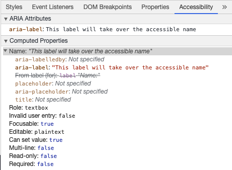Chrome Developer Tools montrant le nom accessible de l'aria-label