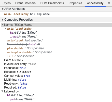Les outils de développement de Chrome affichent le nom accessible de la saisie dans aria-labelledby