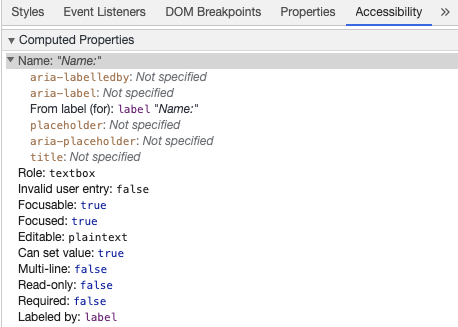 Chrome Developer Tools montrant le nom accessible de l'entrée à partir de l'étiquette